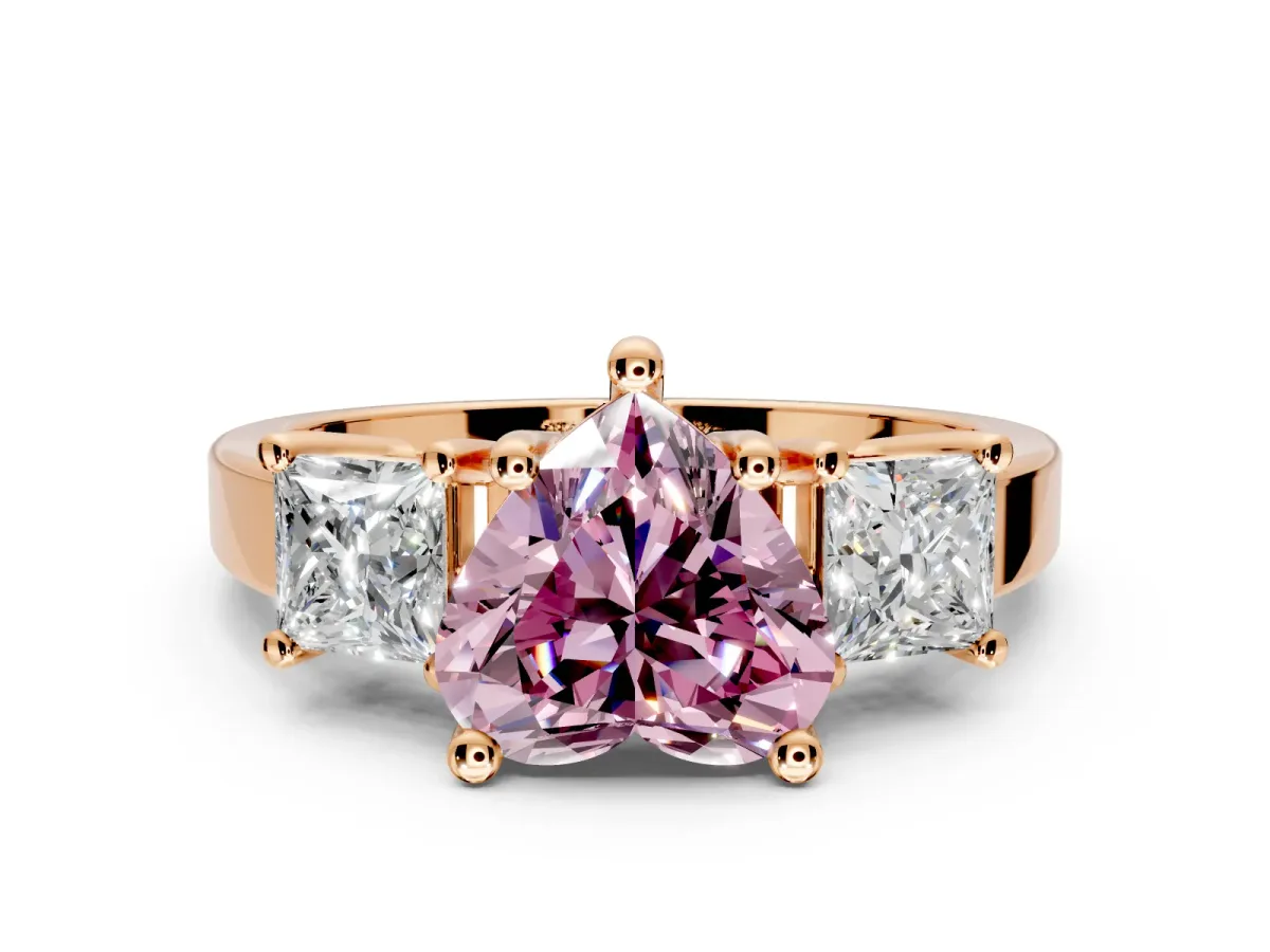 3 Stone Engagement Ring Setting for Fancy Pink Heart-Shaped Center with Matching Side Accents and Prong Head in Rose Gold