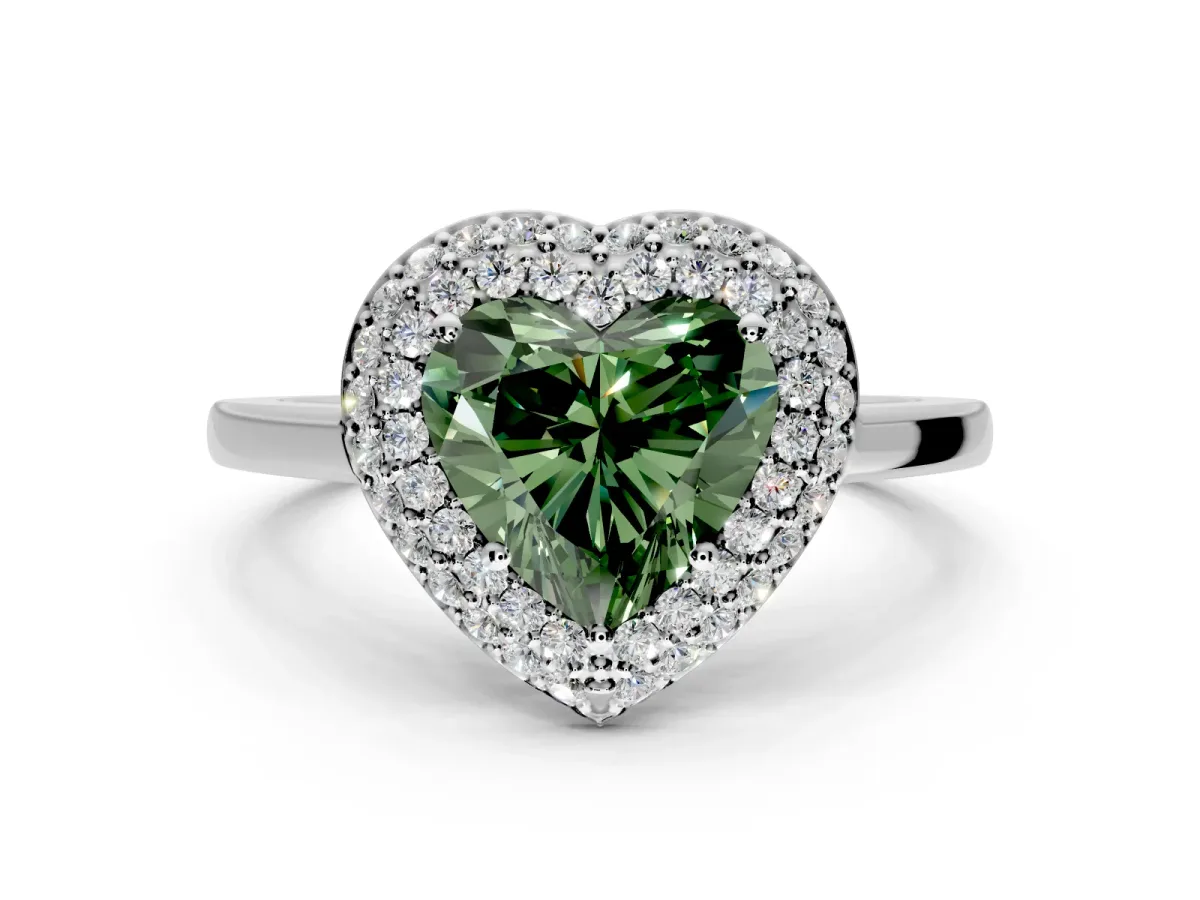 Halo Engagement Ring Setting for Fancy Green Heart-Shaped Center with Plain Tapered Band and Prong Head in White Gold