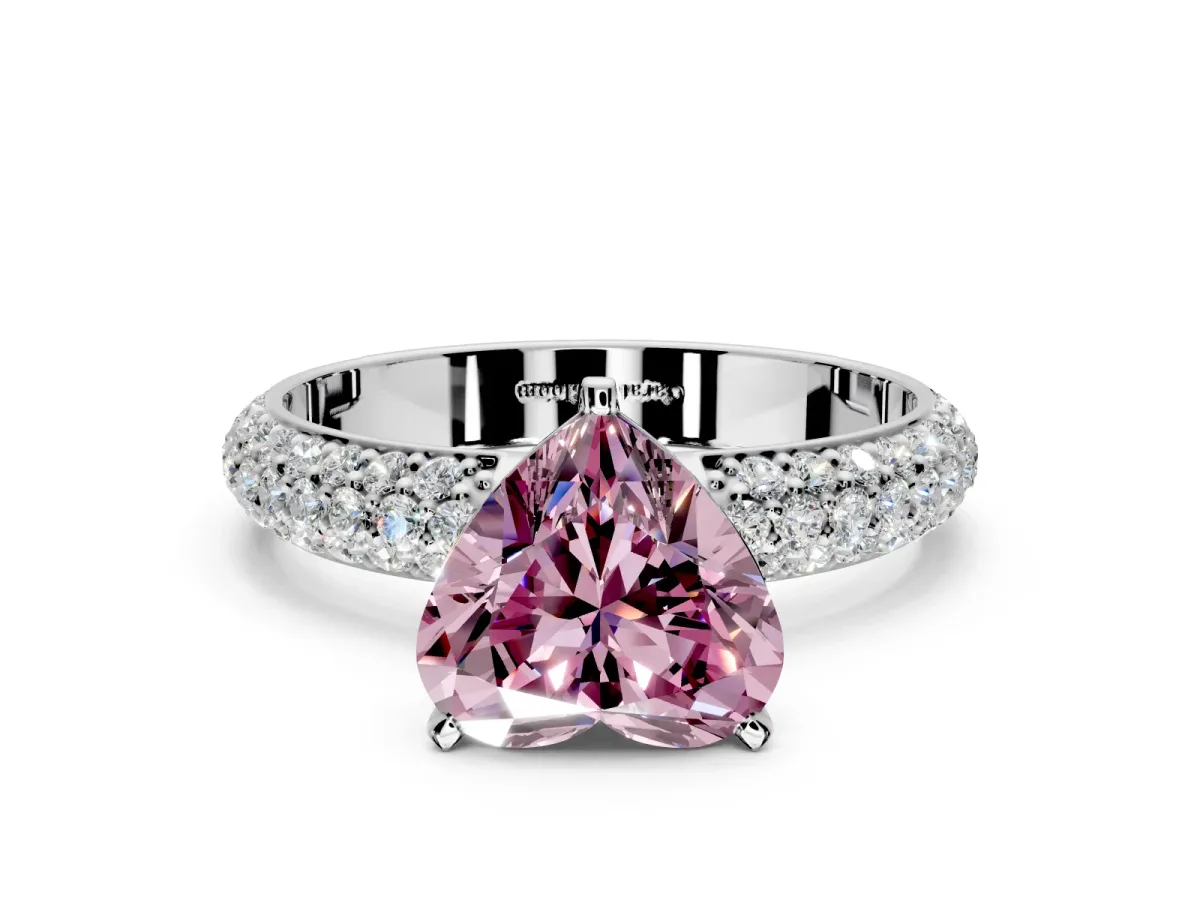 Solitaire Engagement Ring Setting for Fancy Pink Heart-Shaped Center with Domed Multi-Row Pave Band and Prong Head in Platinum