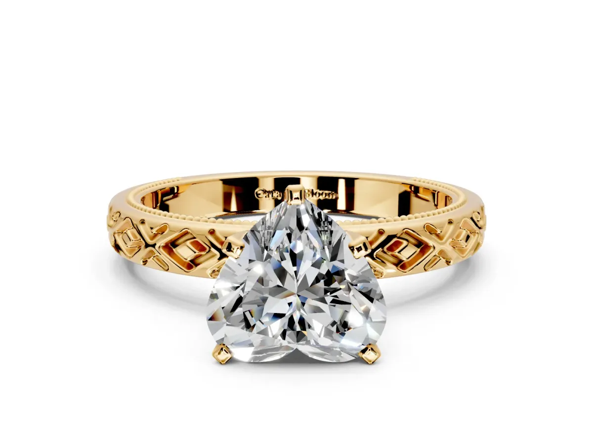 Solitaire Engagement Ring Setting for Heart-Shaped Center with Milgrain X Pattern Band and Prong Head in Yellow Gold