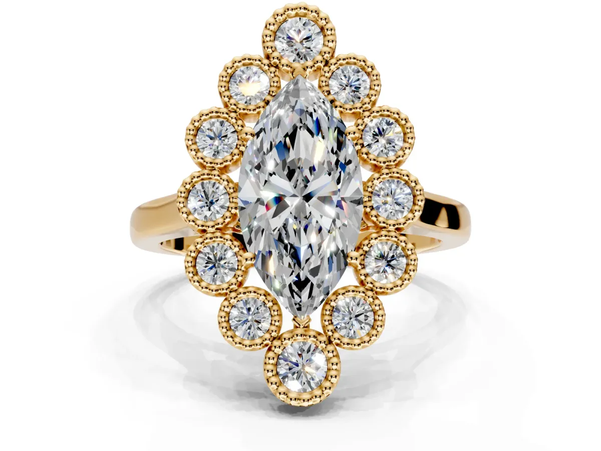 Cluster Halo Engagement Ring Setting for Marquise Center with Milgrain Bezel Accents and Prong Head in Yellow Gold
