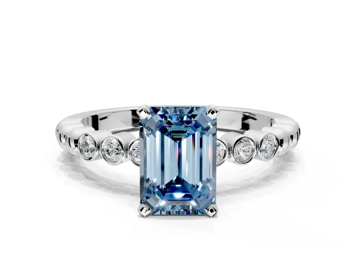 Solitaire Engagement Ring Setting for Fancy Blue Emerald Cut Center with Bezel-Dot Beaded Band and Prong Head in Platinum