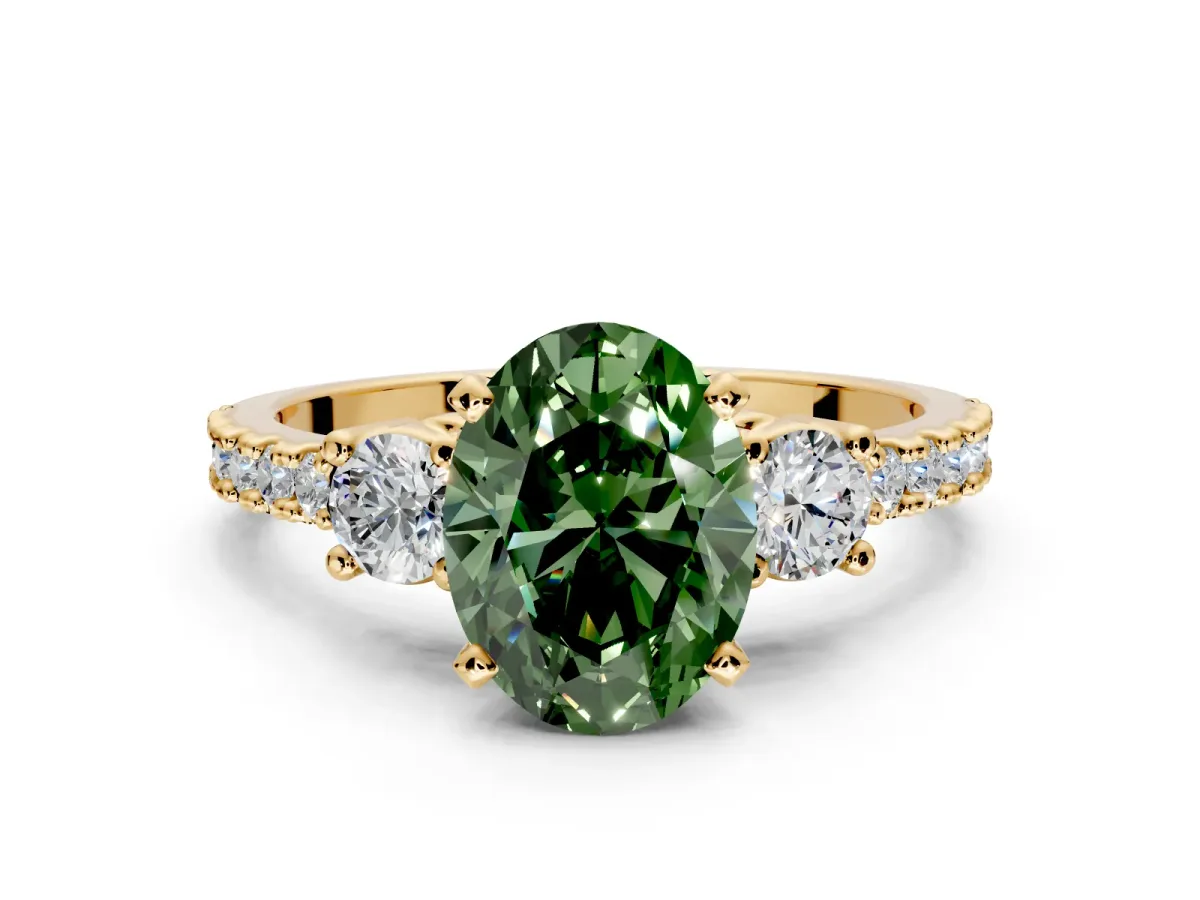 3 Stone Engagement Ring Setting for Fancy Green Oval Center with Round Cut Side Accents and Prong Head in Yellow Gold