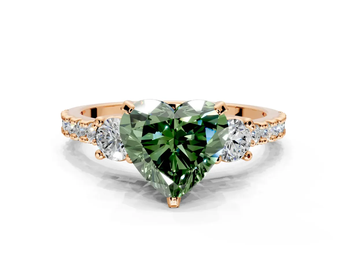 3 Stone Engagement Ring Setting for Fancy Green Heart-Shaped Center with Round Cut Side Accents and Prong Head in Rose Gold