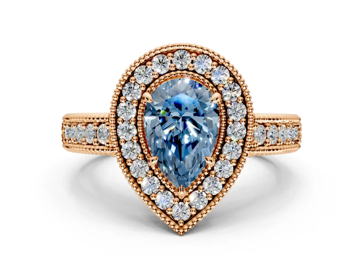Milgrain Halo Engagement Ring Setting for Fancy Blue Pear-Shaped Center with Pave Band and Prong Head in Rose Gold
