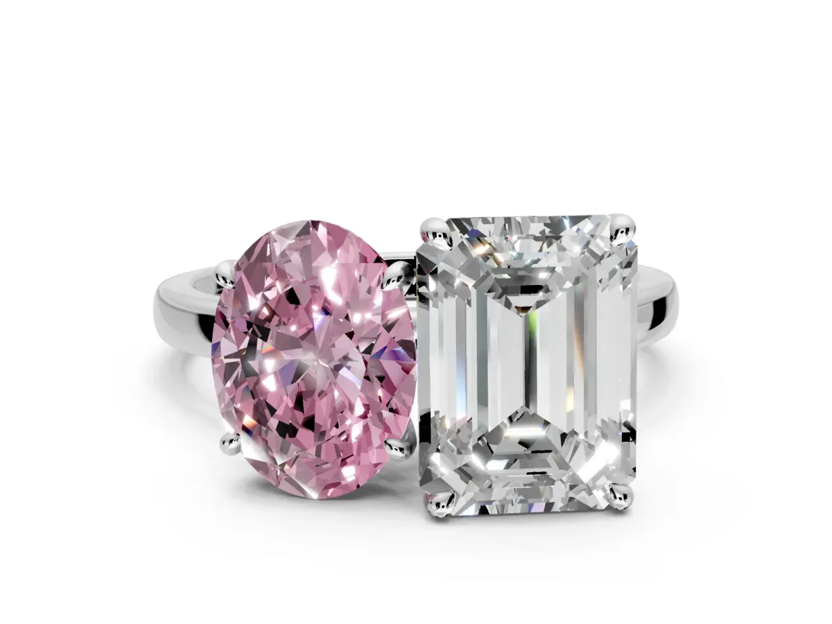 Fancy Pink Oval and Emerald Cut Lab-Grown Diamond Toi et Moi Engagement Ring with Prong-Set Stones in Sterling Silver