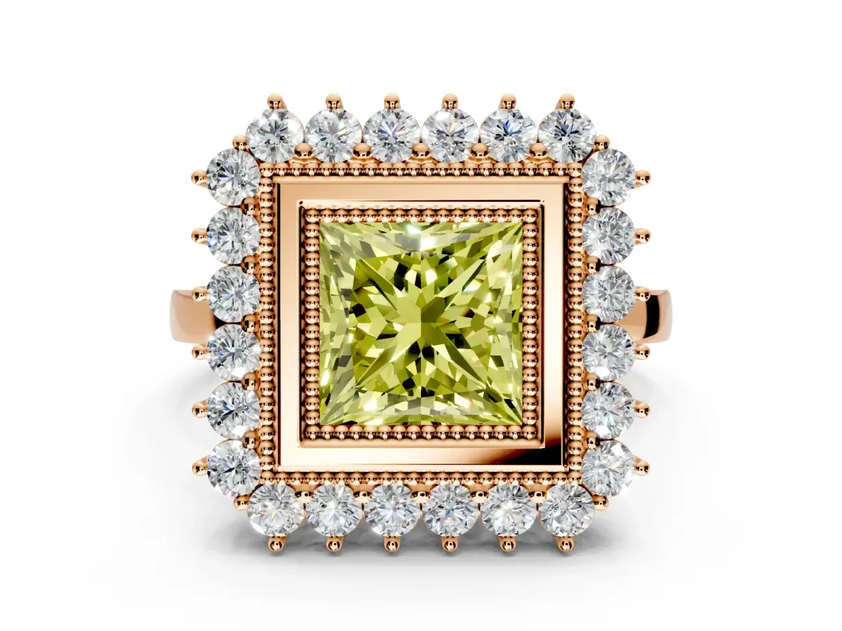 Halo Engagement Ring Setting for Fancy Yellow Princess Cut Center with Milgrain Bezel Rim, Plain Band and Prong Head in Rose Gold