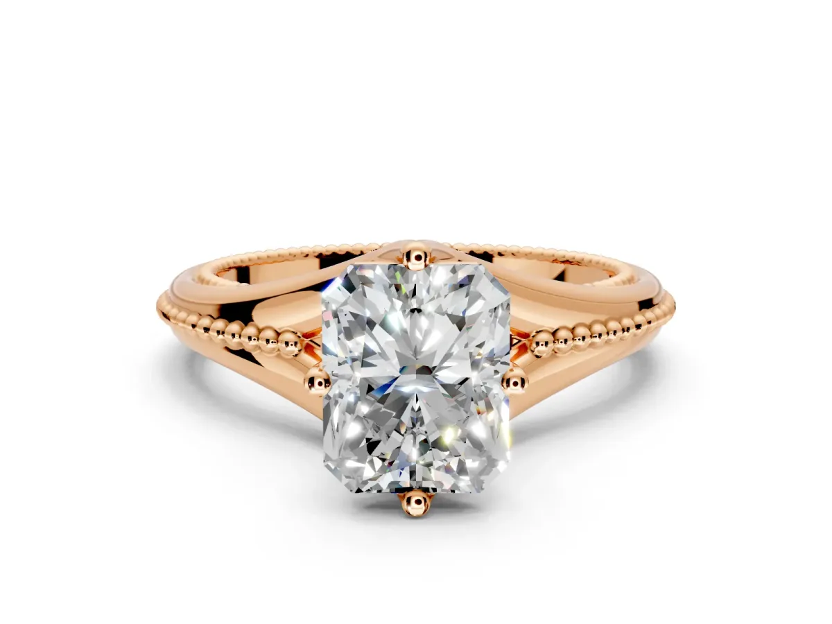 Solitaire Engagement Ring Setting for Radiant Cut Center with Milgrain Cathedral Band and Prong Head in Rose Gold