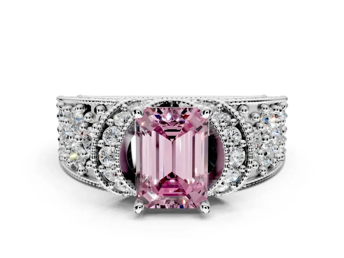 Pave Engagement Ring Setting for Fancy Pink Emerald Cut Center with Curved Accent Rows, Openwork and Prong Head in Platinum