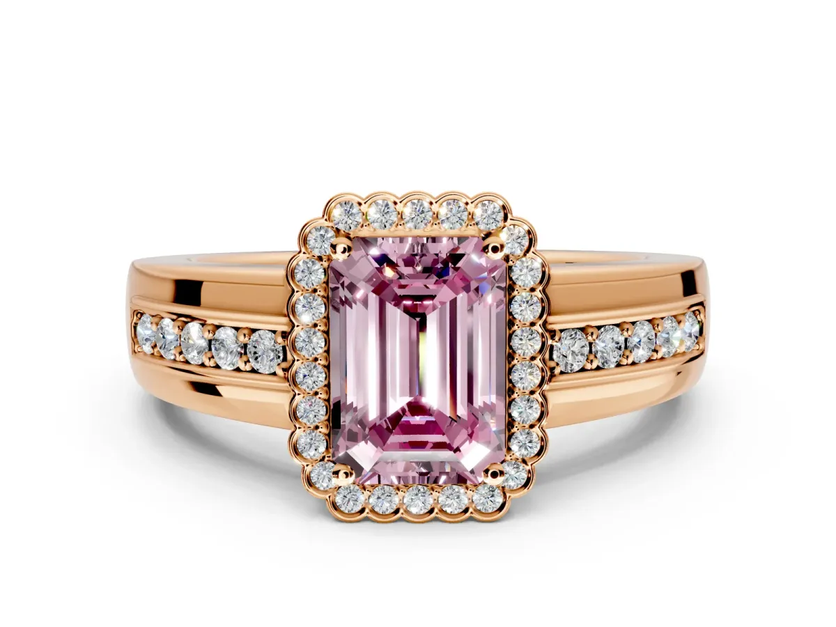 Halo Engagement Ring Setting for Fancy Pink Emerald Cut Center with Wide Band, Inlaid Accent Row and Prong Head in Rose Gold