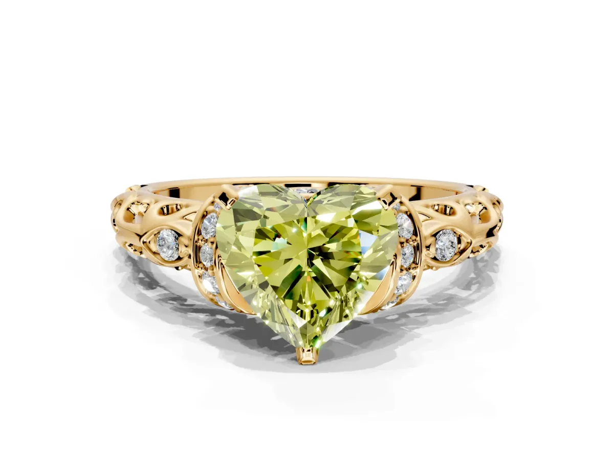 Solitaire Engagement Ring Setting for Fancy Yellow Heart-Shaped Center with Filigree Band and Prong Head in Yellow Gold
