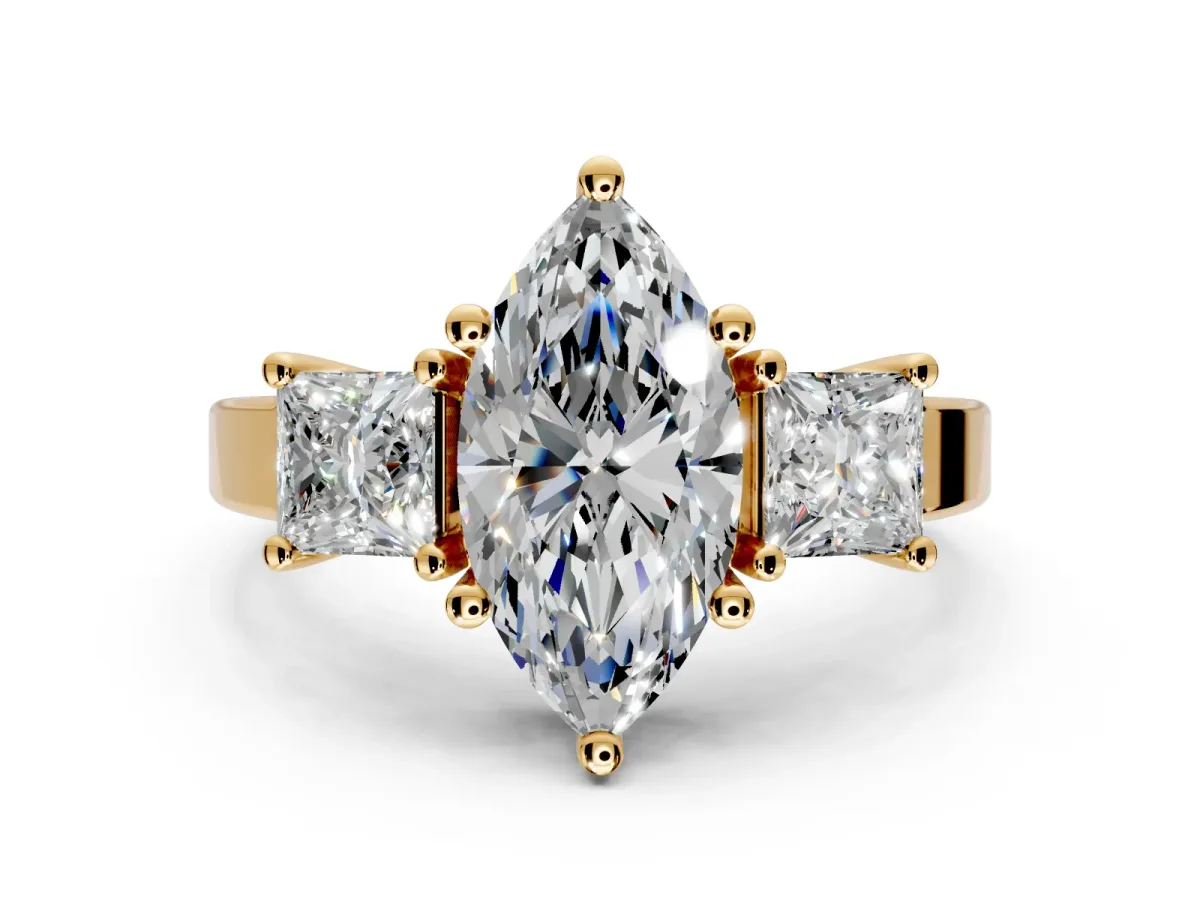 3 Stone Engagement Ring Setting for Marquise Center with Matching Side Accents and Prong Head in Yellow Gold