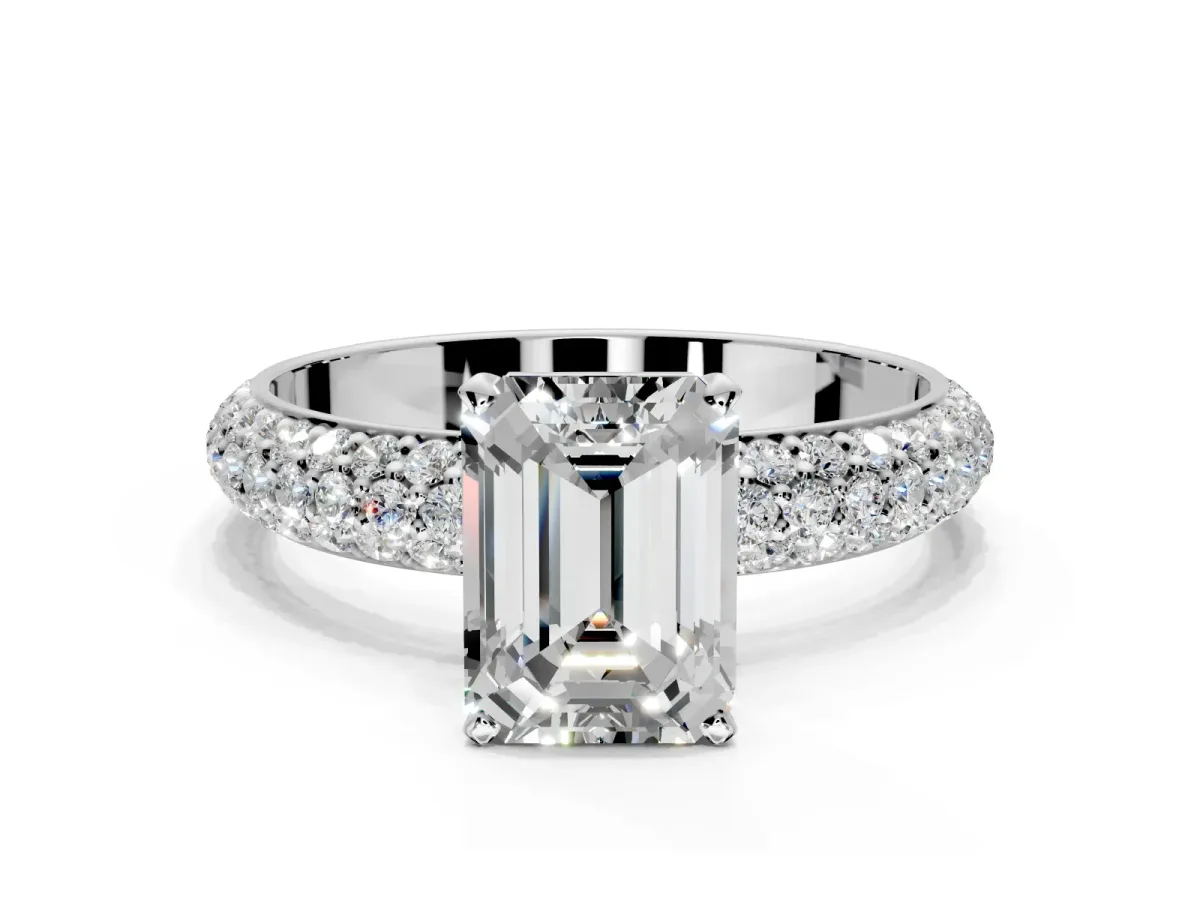 Solitaire Engagement Ring Setting for Emerald Cut Center with Domed Multi-Row Pave Band and Prong Head in Platinum