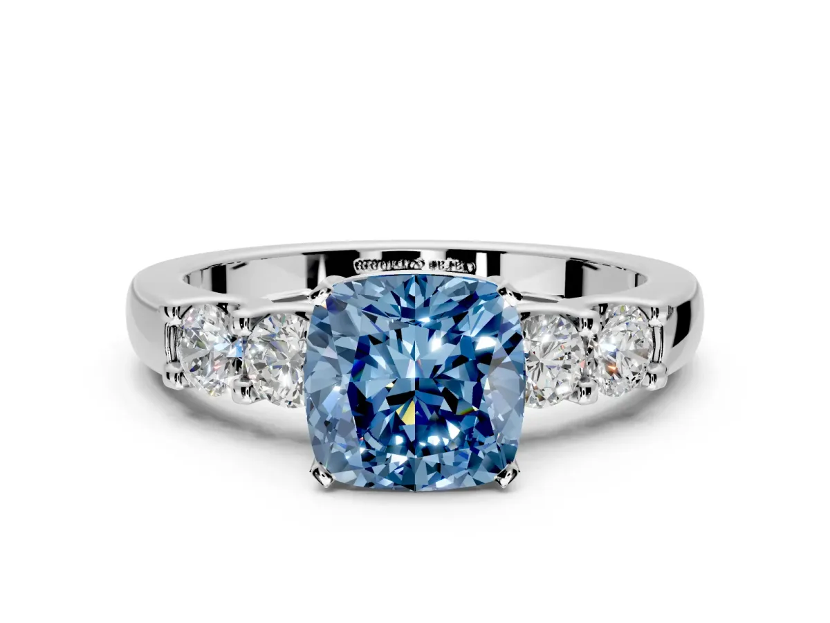 5 Stone Engagement Ring Setting for Fancy Blue Cushion Cut Center with Plain Band and Prong Head in Platinum