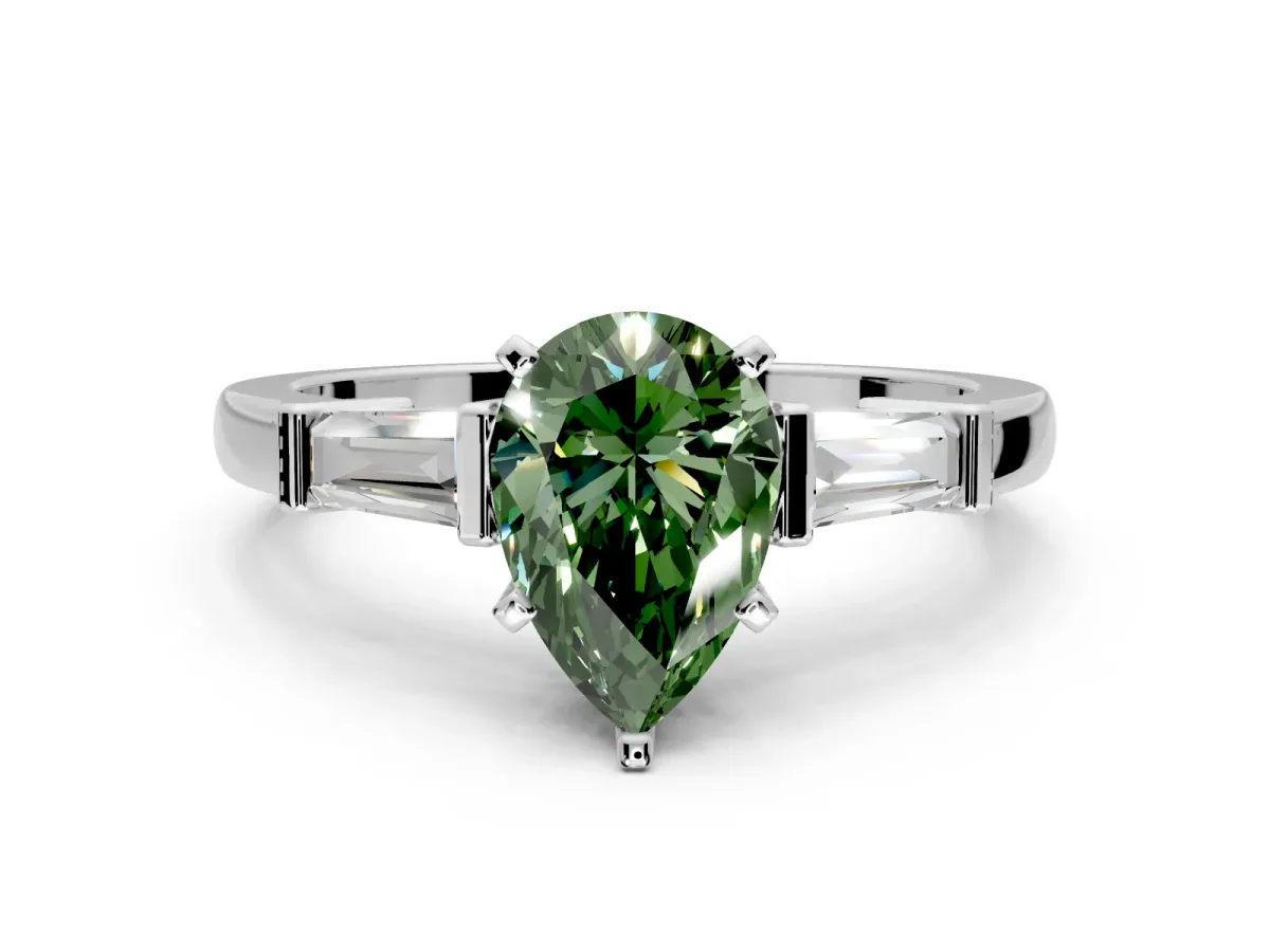 3 Stone Engagement Ring Setting for Fancy Green Pear-Shaped Center with Channel Baguette Accents and Prong Head in White Gold