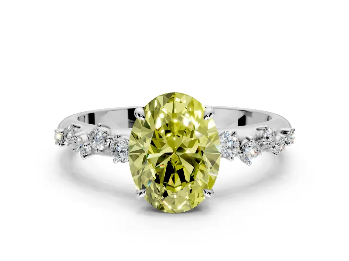 Cluster Engagement Ring Setting for Fancy Yellow Oval Center with Round Cut Accent Band and Prong Head in Sterling Silver