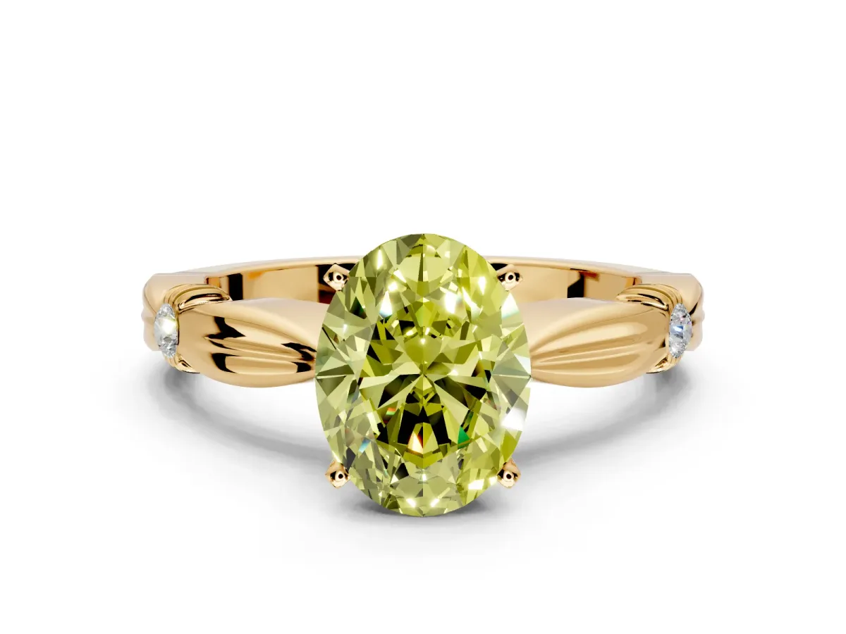 Solitaire Engagement Ring Setting for Fancy Yellow Oval Center with Carved Leaf Shoulders and Prong Head in Yellow Gold