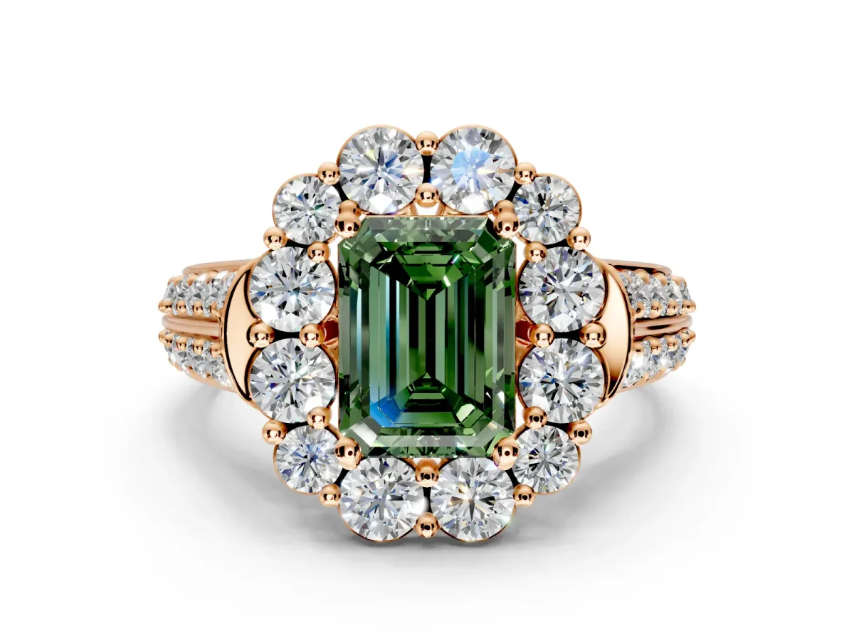Large Accent Halo Engagement Ring Setting for Fancy Green Emerald Cut Center with Pave Split Shank and Prong Head in Rose Gold