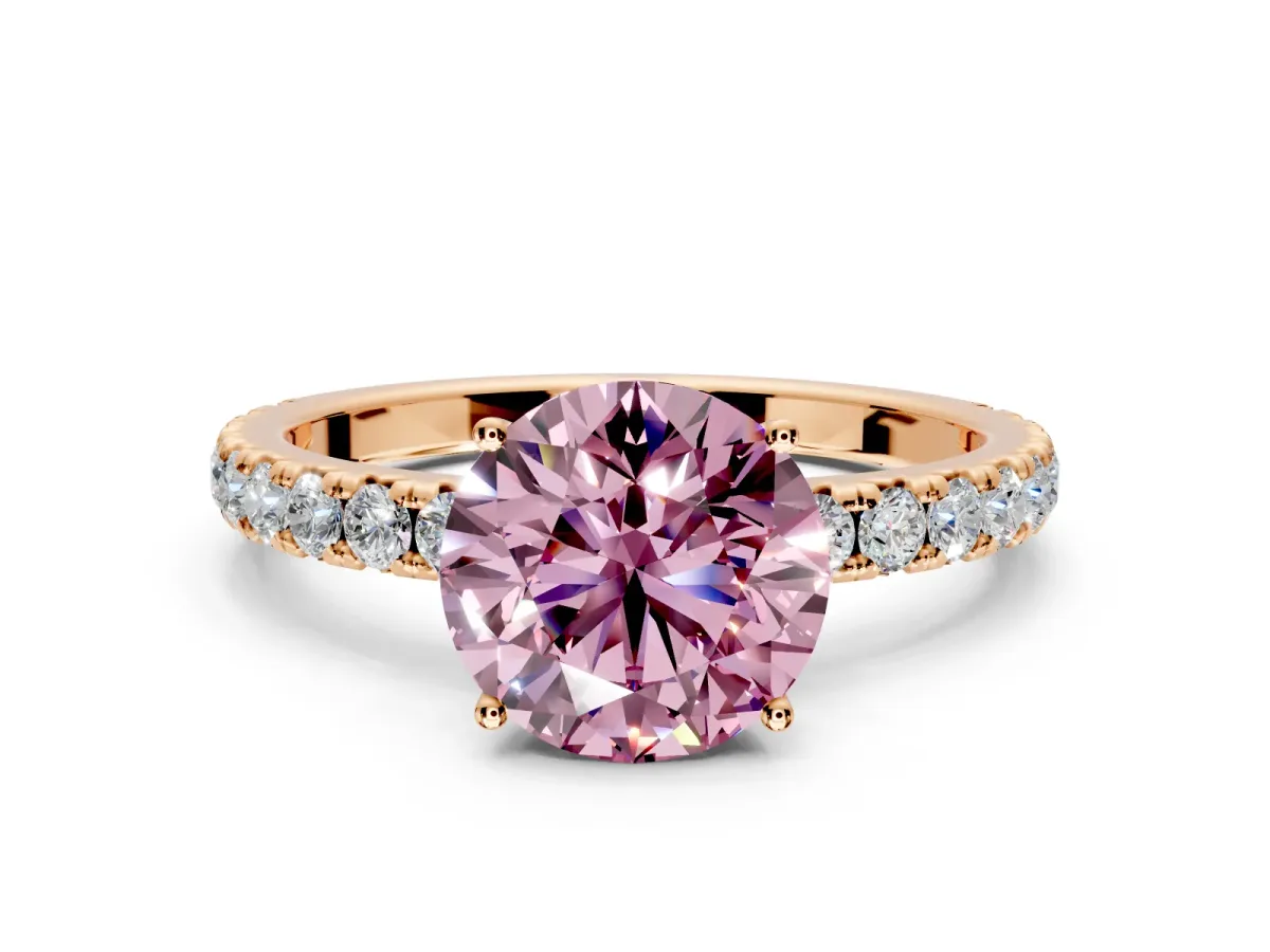 Solitaire Engagement Ring Setting for Fancy Pink Round Cut Center with Large Accent Band and Prong Head in Rose Gold