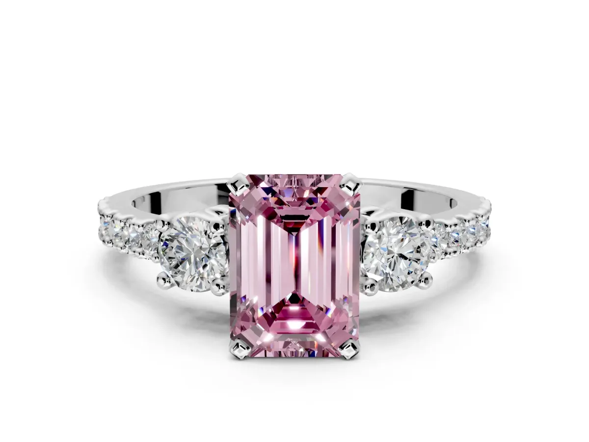 3 Stone Engagement Ring Setting for Fancy Pink Emerald Cut Center with Round Cut Side Accents and Prong Head in Sterling Silver