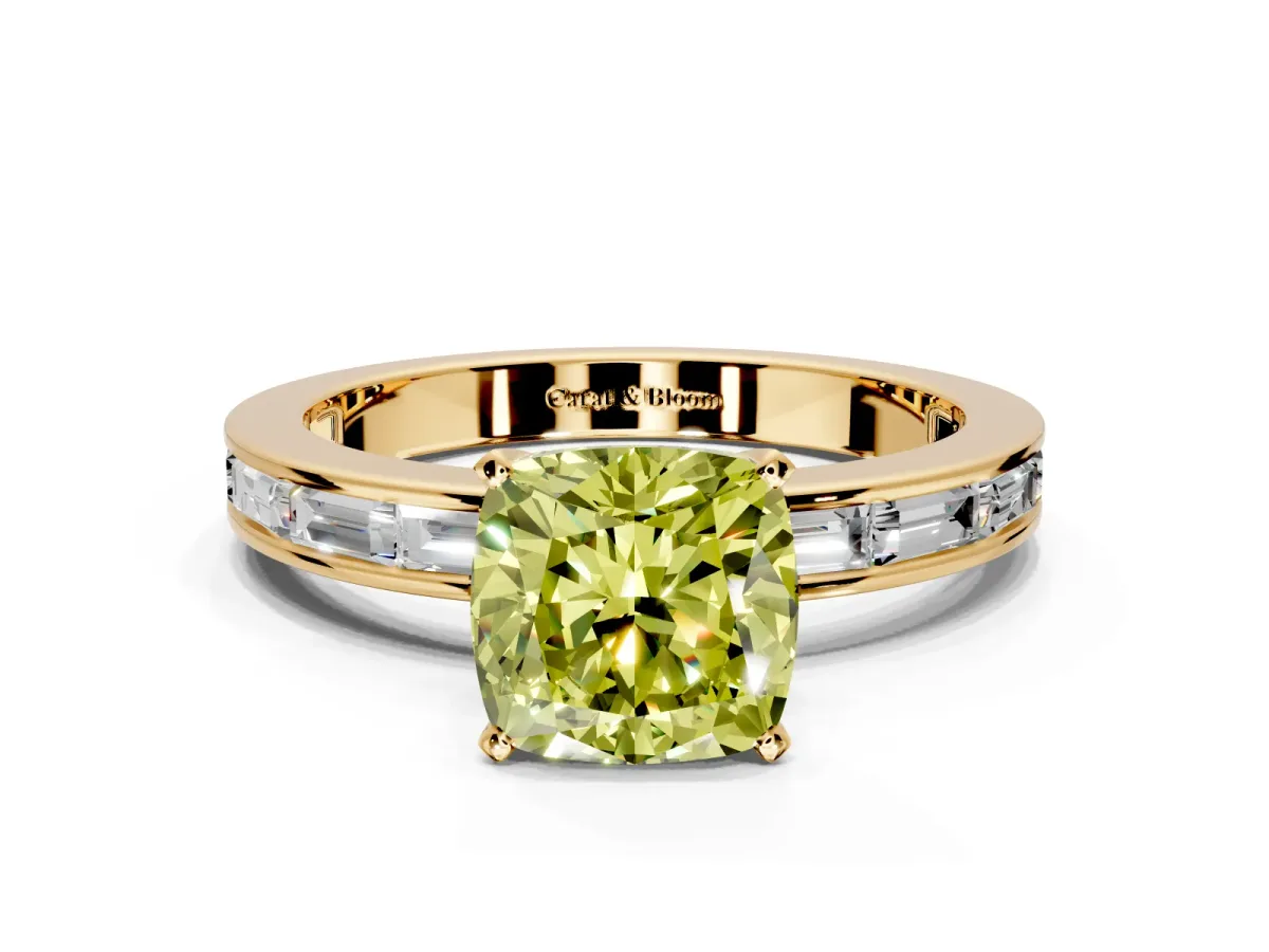 Solitaire Engagement Ring Setting for Fancy Yellow Cushion Cut Center with Channel Baguette Band and Prong Head in Yellow Gold