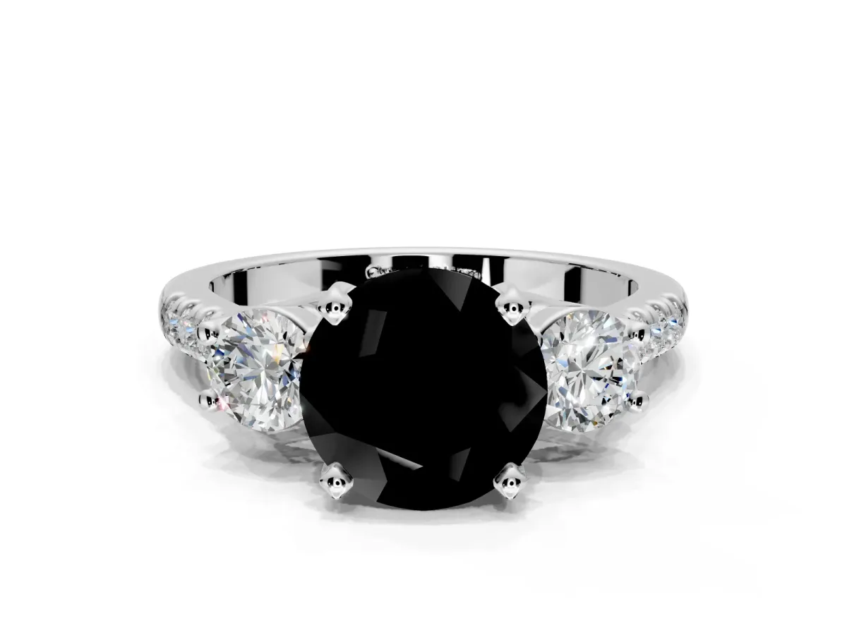 3 Stone Engagement Ring Setting for Fancy Black Round Cut Center with Crossover Basket, Pave Band and Prong Head in Platinum