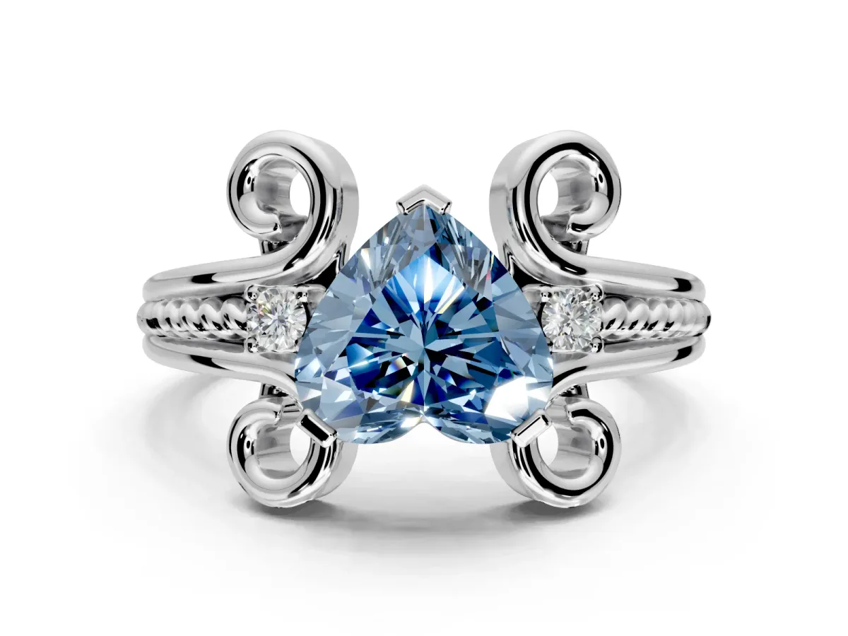 Solitaire Engagement Ring Setting for Fancy Blue Heart-Shaped Center with Twisted Band and Scroll Prong Head in Platinum