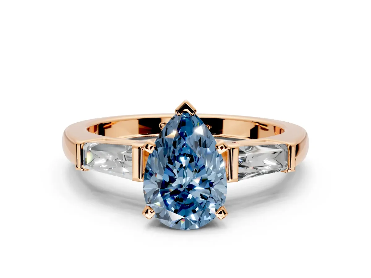 3 Stone Engagement Ring Setting for Fancy Blue Pear-Shaped Center with Tapered Baguettes, Plain Band and Prong Head in Rose Gold