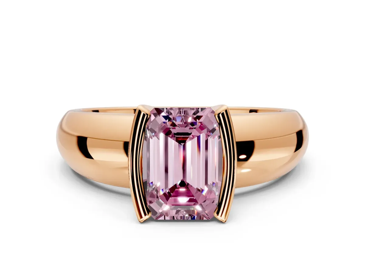 Tension Engagement Ring Setting for Fancy Pink Emerald Cut Center with Wide Flat Band and Tension Head in Rose Gold