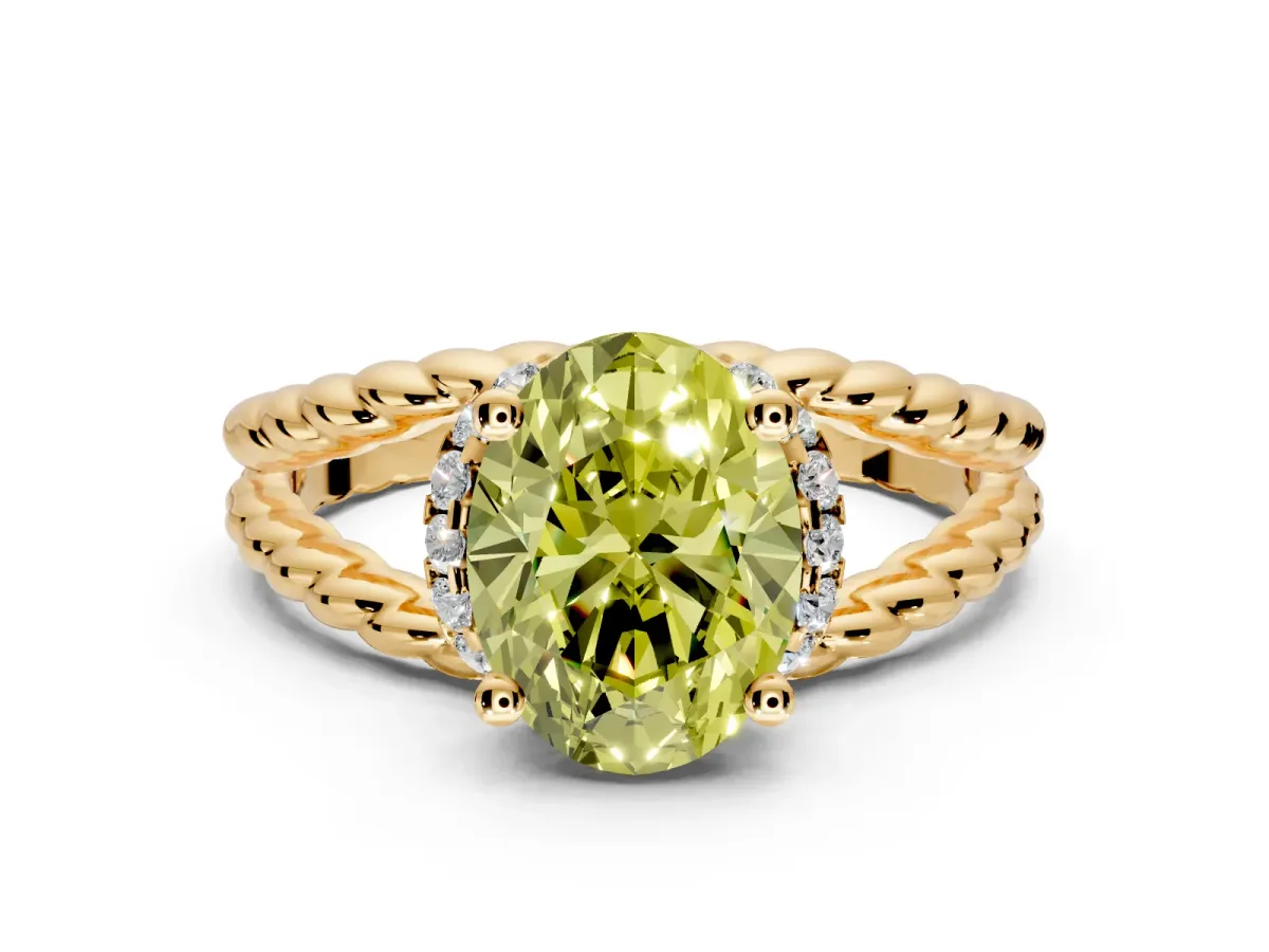 Halo Engagement Ring Setting for Fancy Yellow Oval Center with Rope Twist Split Shank and Prong Head in Yellow Gold