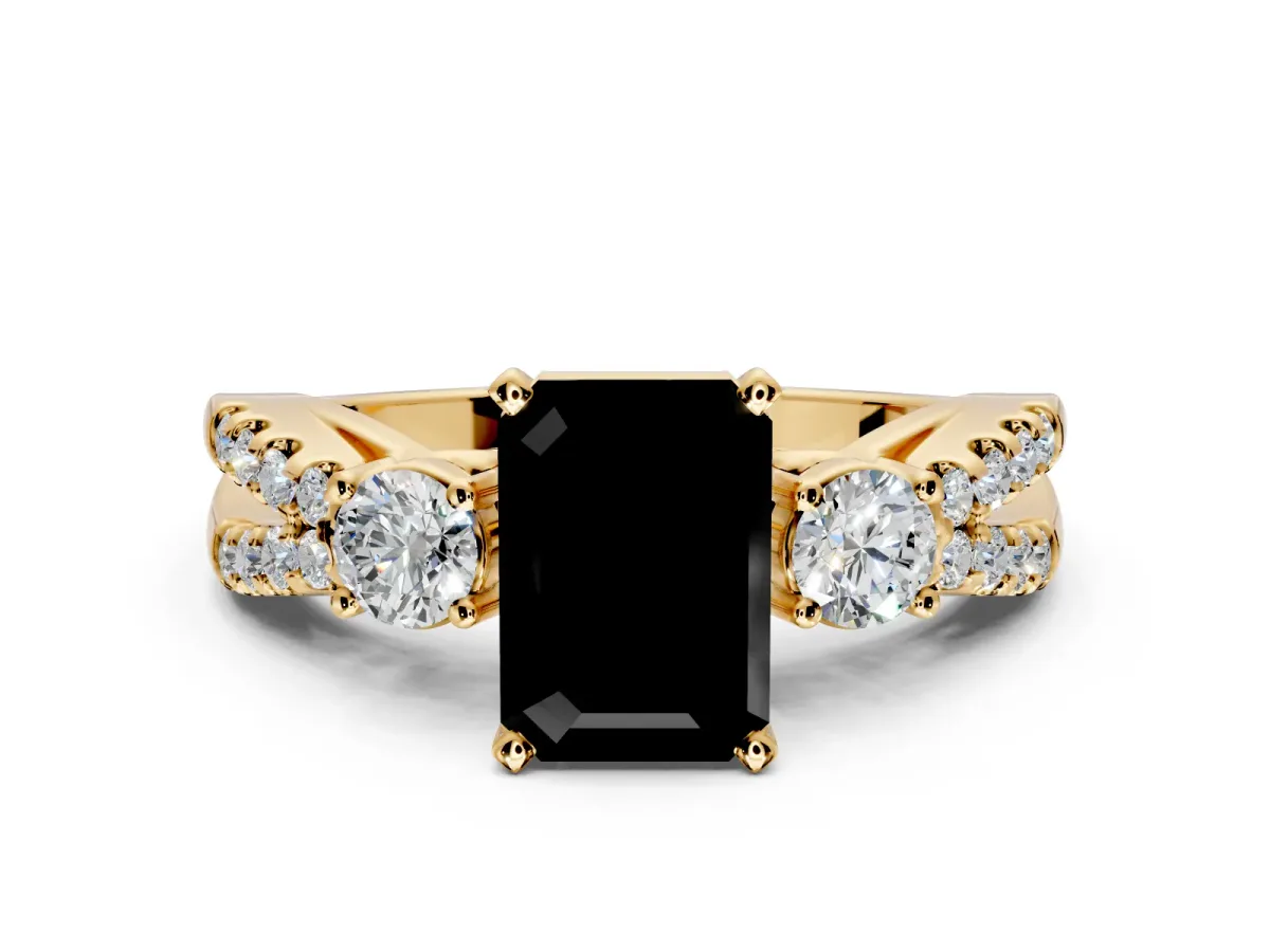 3 Stone Engagement Ring Setting for Fancy Black Emerald Cut Center with Pave Split Shank and Prong Head in Yellow Gold