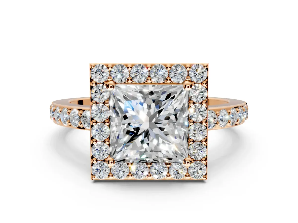 Halo Engagement Ring Setting for Princess Cut Center with Heart-Shaped Openwork, Pave Band and Prong Head in Rose Gold