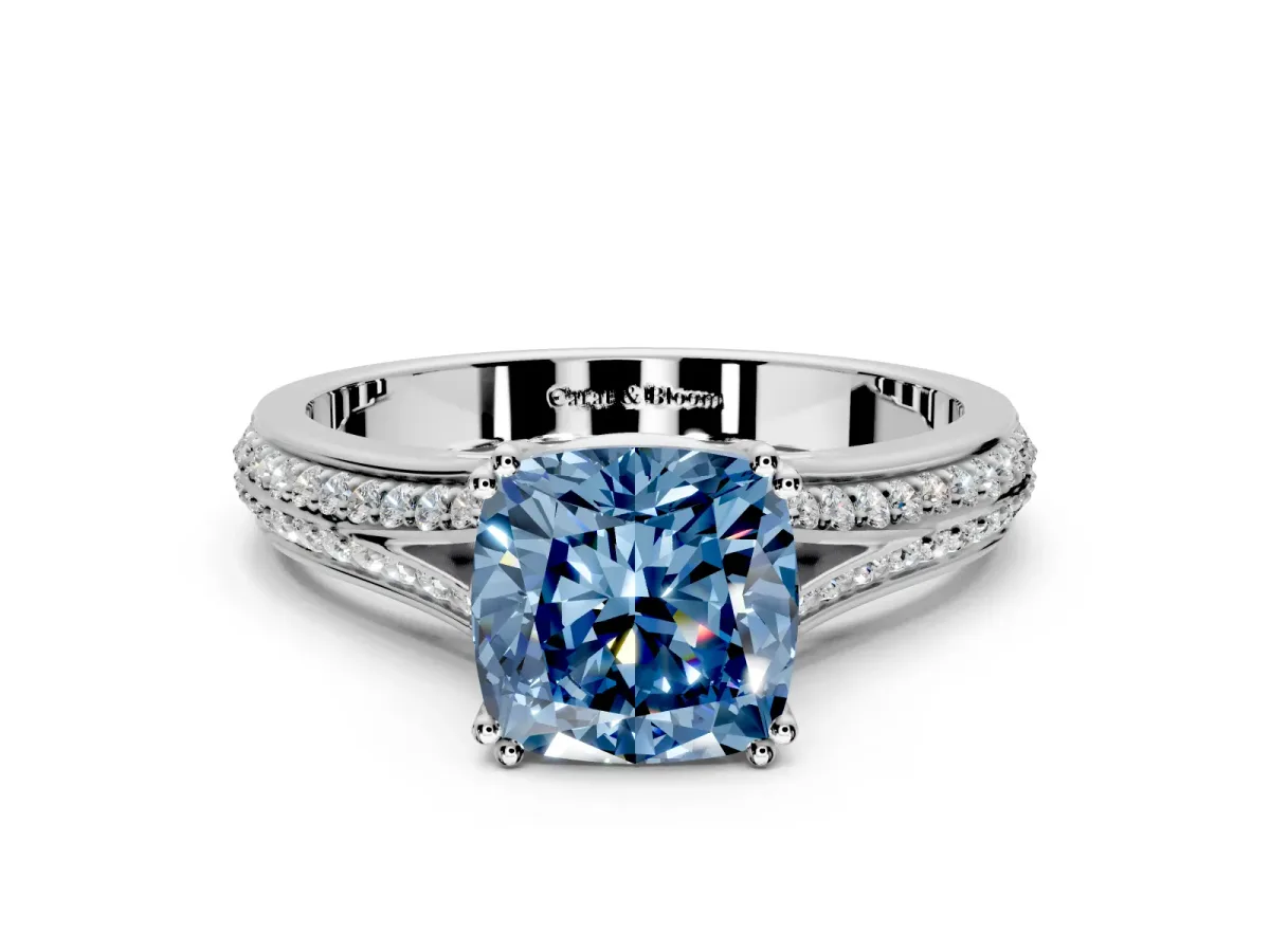 Solitaire Engagement Ring Setting for Fancy Blue Cushion Cut Center with Pave Rail Split Shank and Prong Head in Sterling Silver