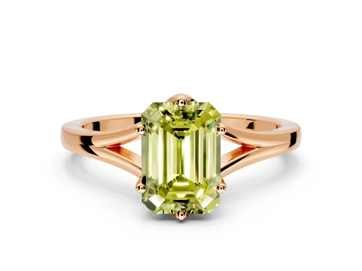 Solitaire Engagement Ring Setting for Fancy Yellow Emerald Cut Center with Plain Split Shank and Prong Head in Rose Gold