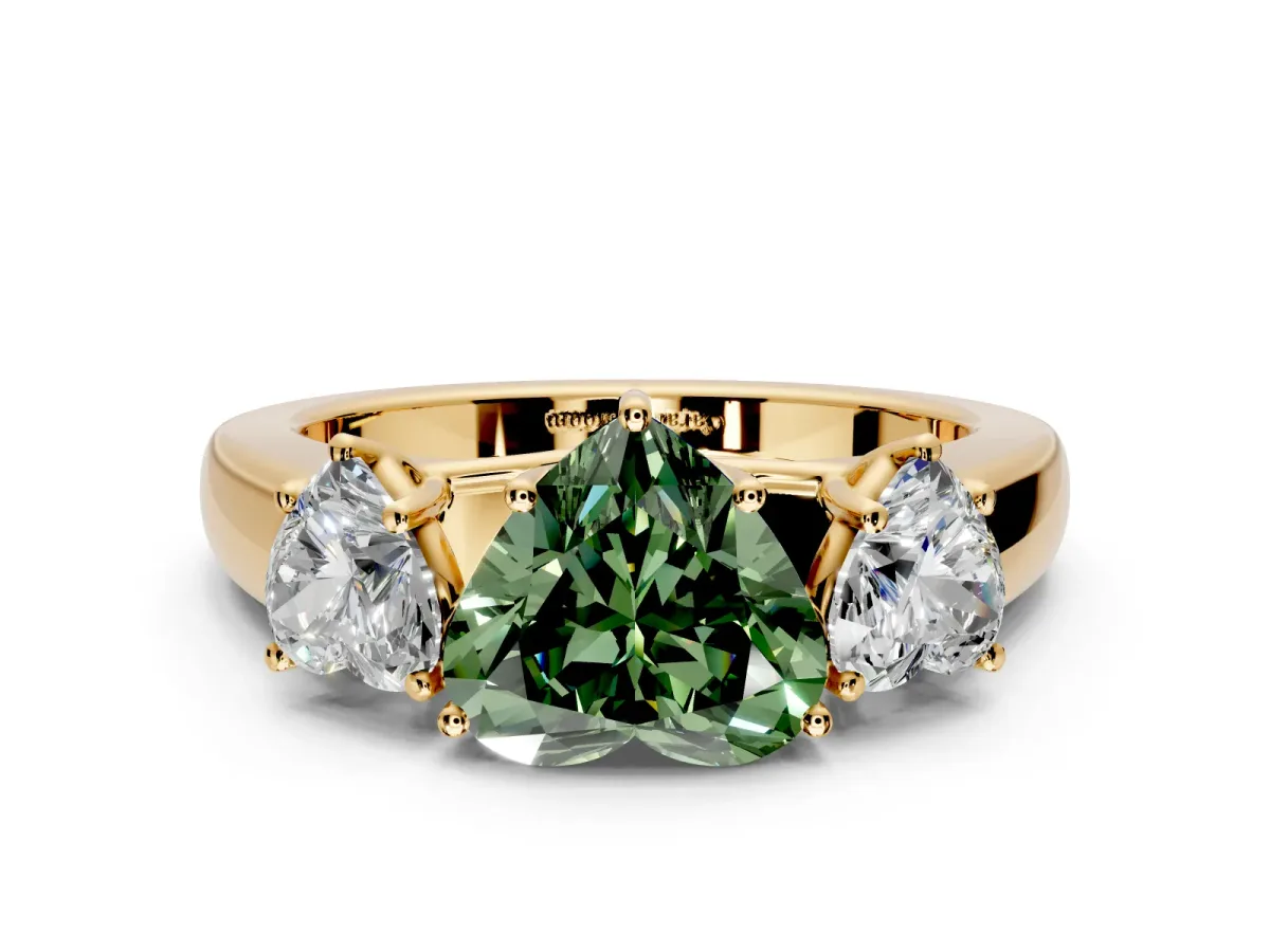 3 Stone Engagement Ring Setting for Fancy Green Heart-Shaped Center with Raised Basket Heads and Prong Head in Yellow Gold