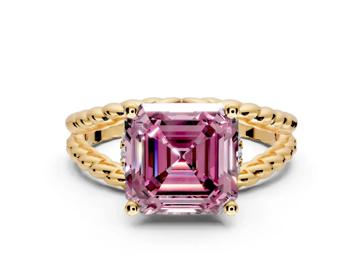 Halo Engagement Ring Setting for Fancy Pink Asscher Cut Center with Rope Twist Split Shank and Prong Head in Yellow Gold