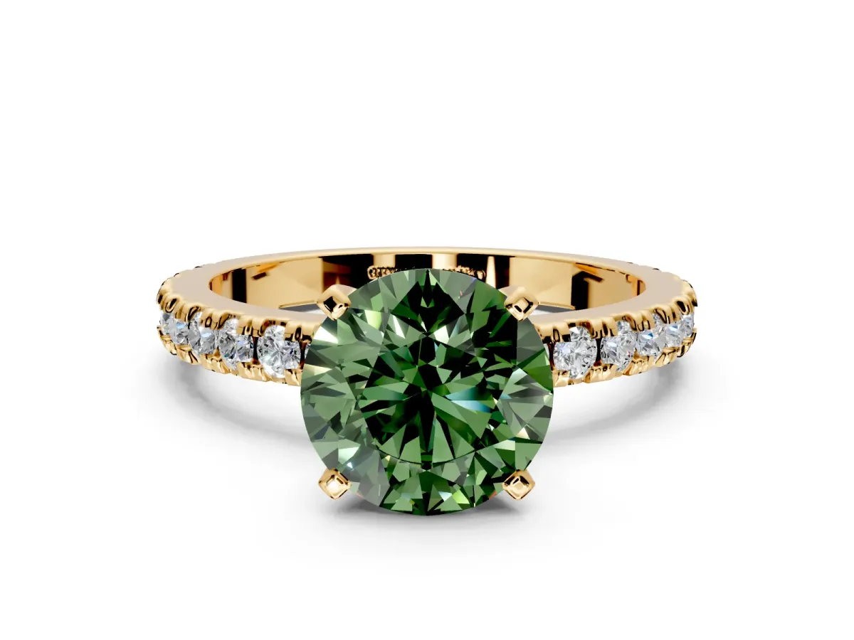 Solitaire Engagement Ring Setting for Fancy Green Round Cut Center with Fine Pave Band and Claw Prong Head in Yellow Gold