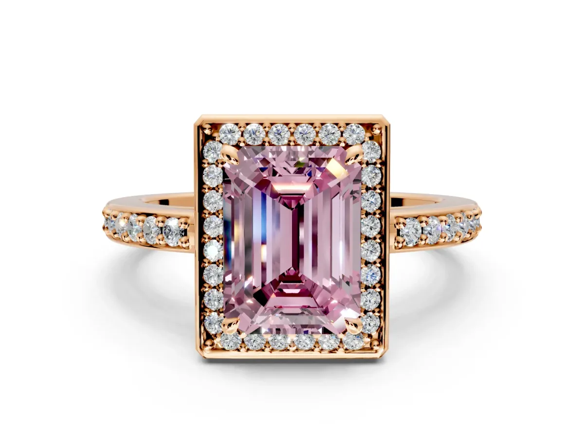 Halo Engagement Ring Setting for Fancy Pink Emerald Cut Center with Metal-Rimmed Halo, Pave Band and Prong Head in Rose Gold