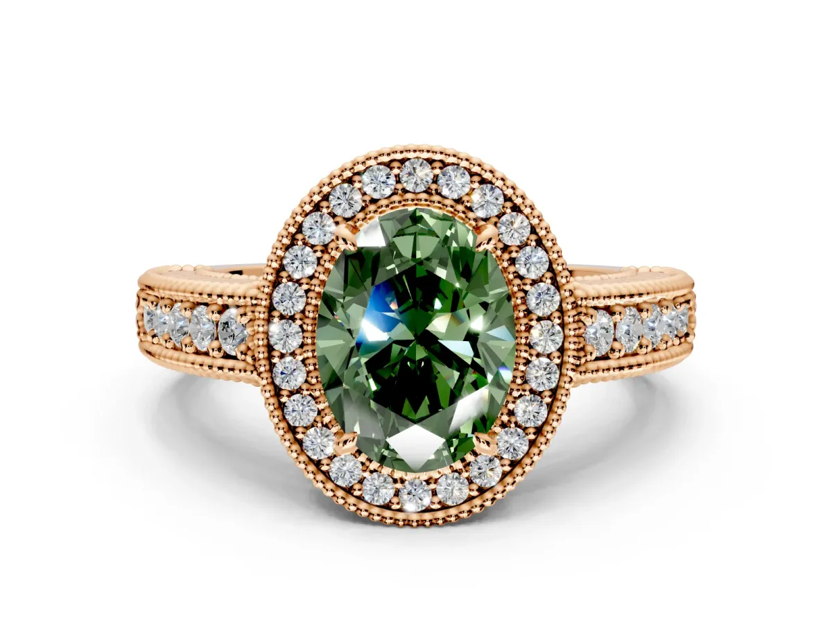 Milgrain Halo Engagement Ring Setting for Fancy Green Oval Center with Pave Band and Prong Head in Rose Gold