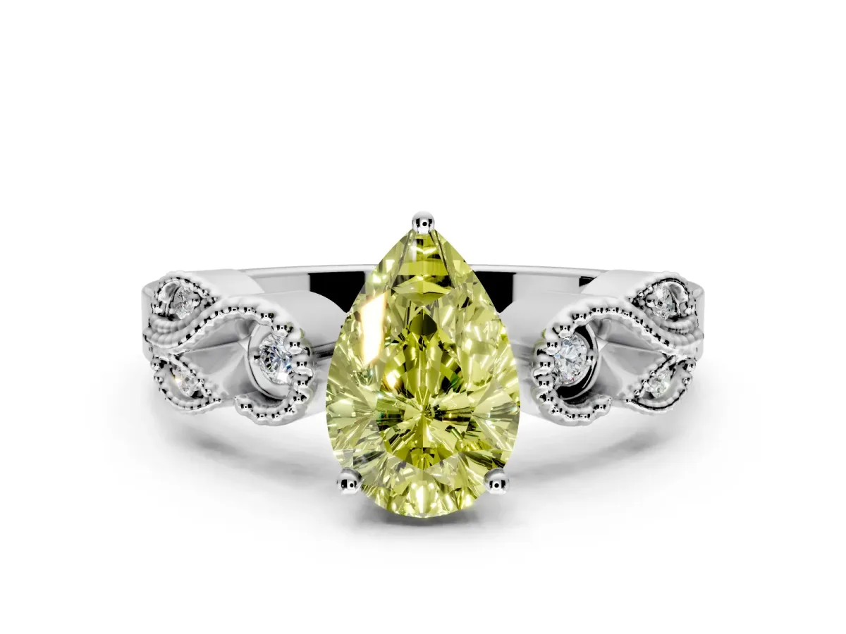 Leaf Engagement Ring Setting for Fancy Yellow Pear-Shaped Center with Milgrain Accent Band and Prong Head in Platinum