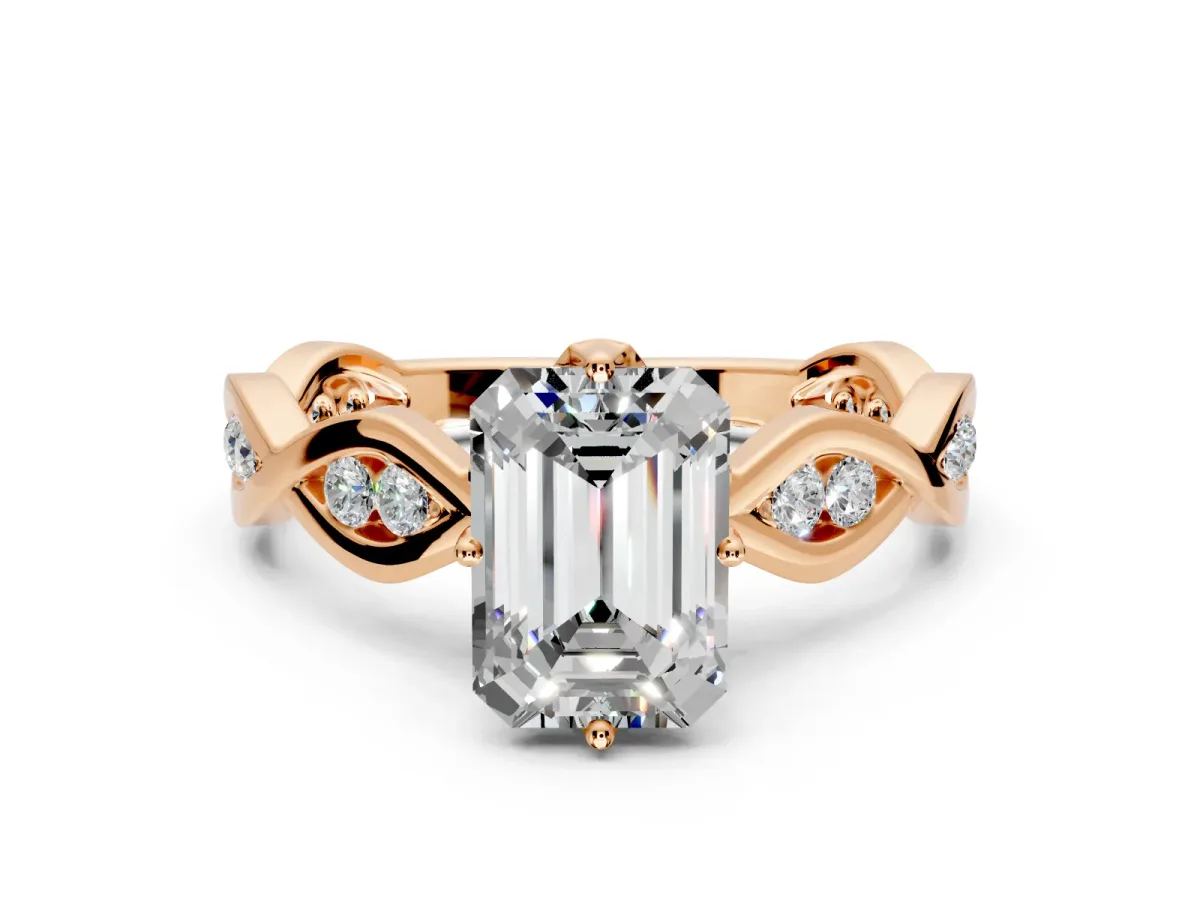 Solitaire Engagement Ring Setting for Emerald Cut Center with Accented Twist Band and Leaf Prong Head in Rose Gold