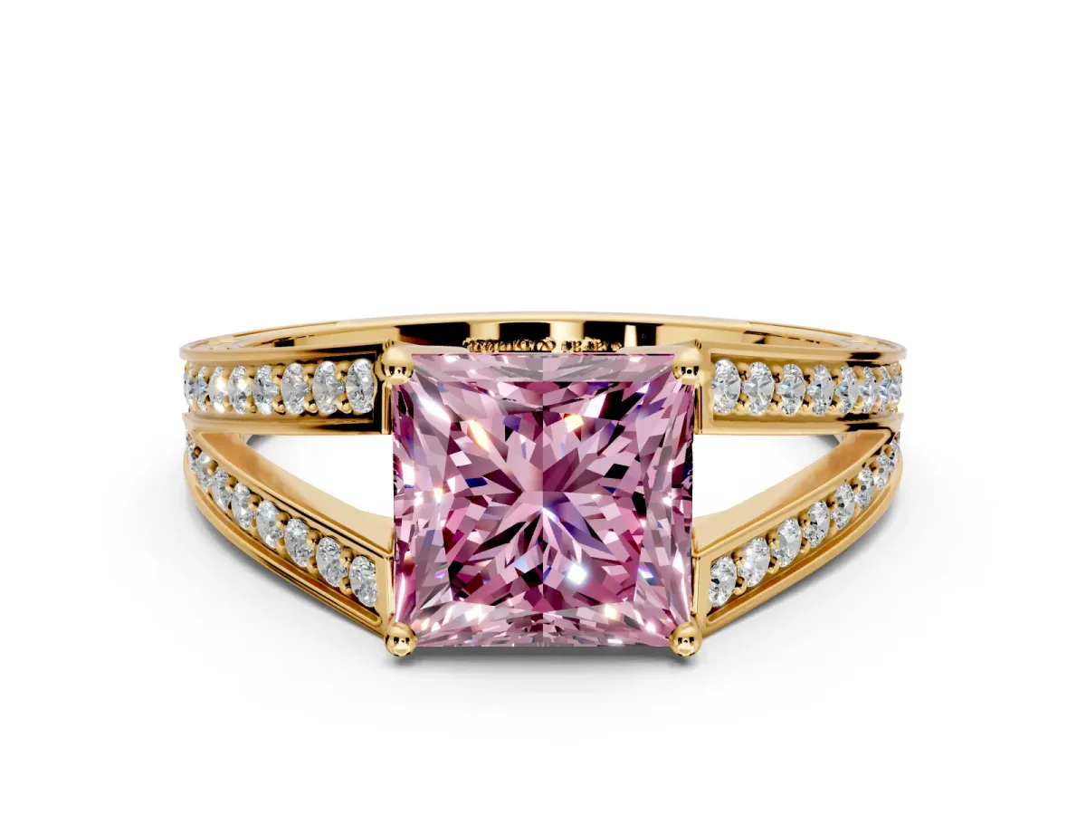 Split Shank Engagement Ring Setting for Fancy Pink Princess Cut Center with Pave Split Shank and Prong Head in Yellow Gold