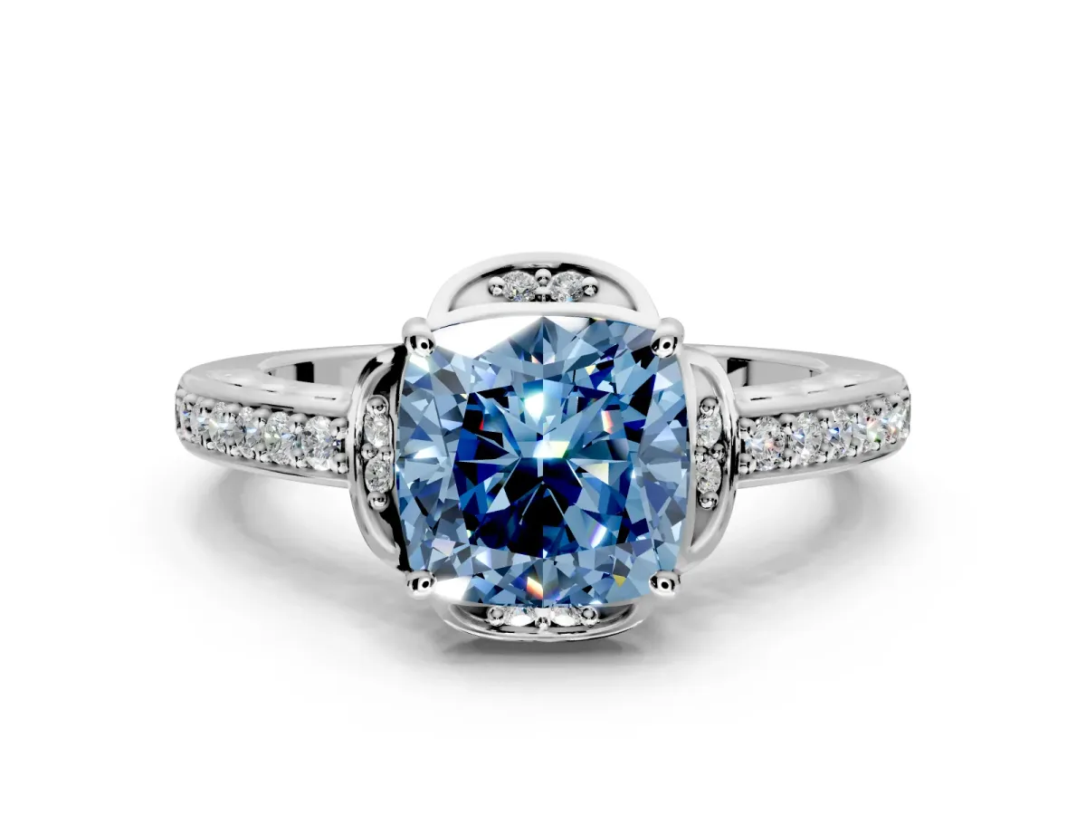 Floral Engagement Ring Setting for Fancy Blue Cushion Cut Center with Four Accent Clusters and Prong Head in Sterling Silver