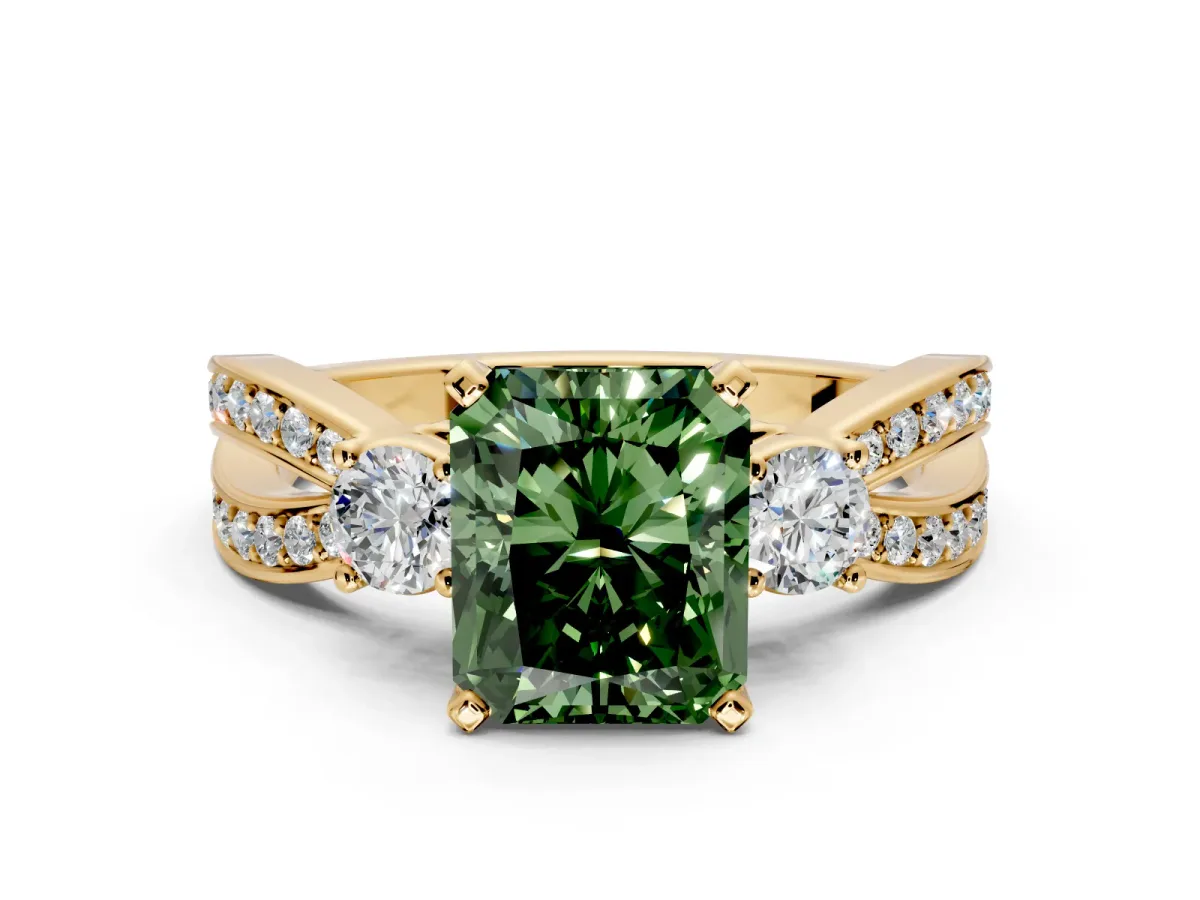 3 Stone Engagement Ring Setting for Fancy Green Radiant Cut Center with Pave Twist Band and Prong Head in Yellow Gold