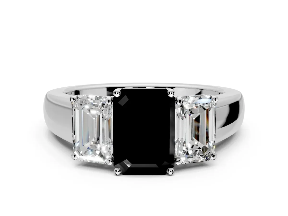 3 Stone Engagement Ring Setting for Fancy Black Emerald Cut Center with Raised Basket Heads and Prong Head in Sterling Silver