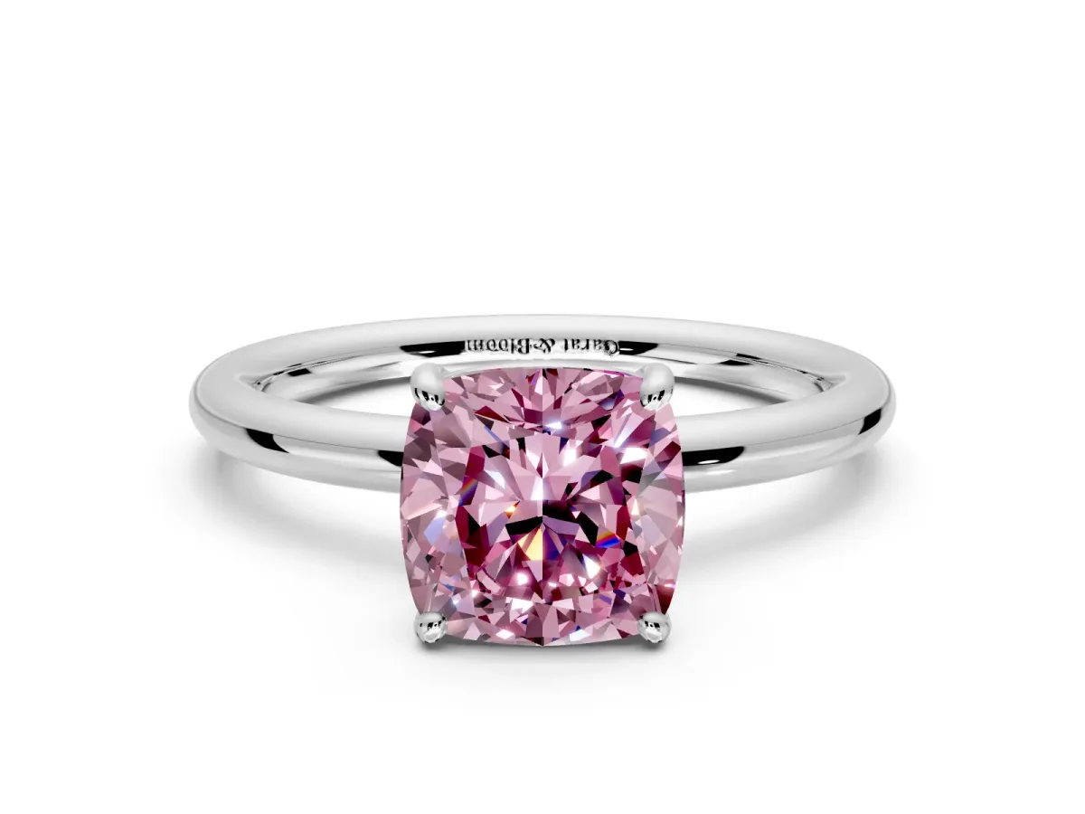 Low-Set Solitaire Engagement Ring Setting for Fancy Pink Cushion Cut Center with Thin Plain Band and Prong Head in White Gold