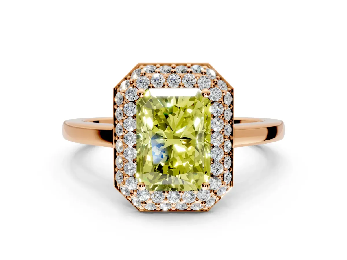 Halo Engagement Ring Setting for Fancy Yellow Radiant Cut Center with Plain Tapered Band and Prong Head in Rose Gold