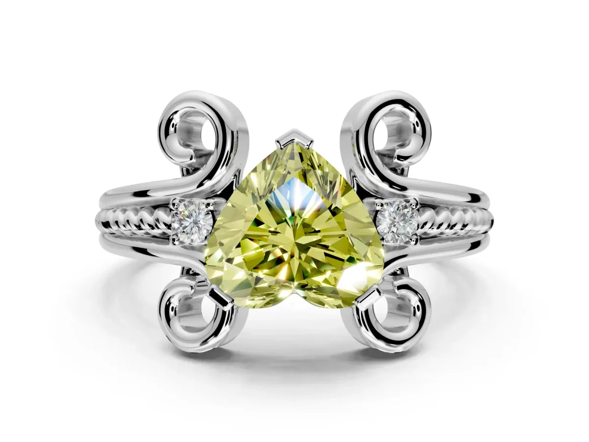 Solitaire Engagement Ring Setting for Fancy Yellow Heart-Shaped Center with Twisted Band and Scroll Prong Head in Platinum