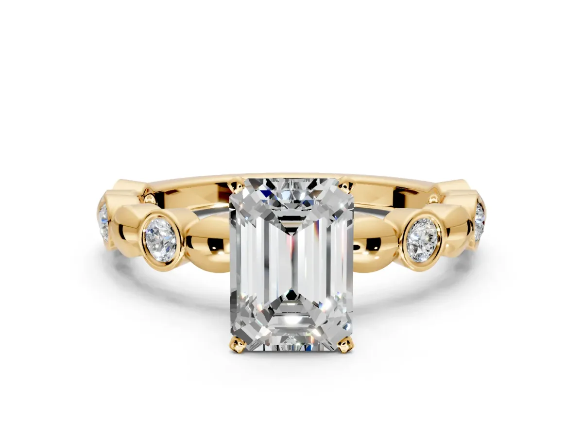 Solitaire Engagement Ring Setting for Emerald Cut Center with Beaded Bezel Station Band and Prong Head in Yellow Gold