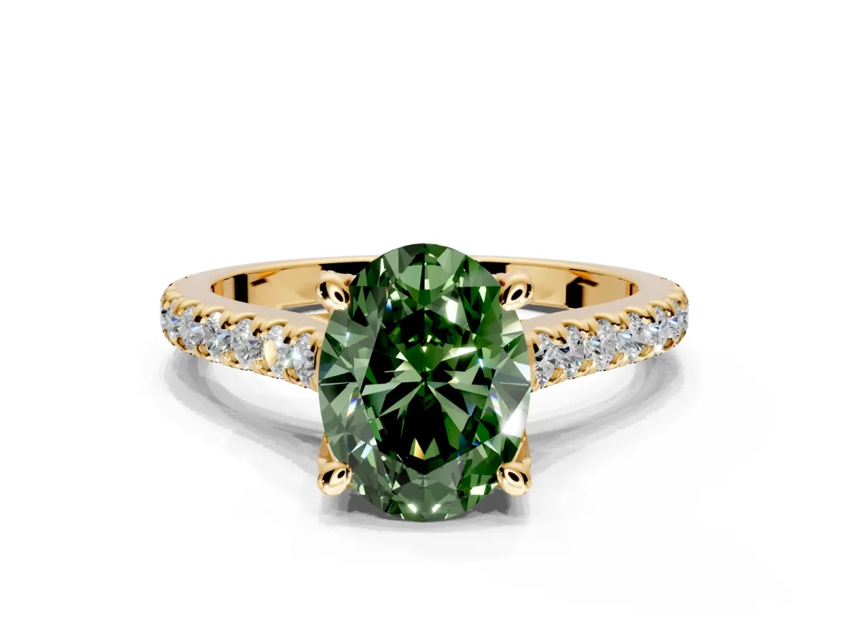 Solitaire Engagement Ring Setting for Fancy Green Oval Center with Widening Pave Band and Claw Prong Head in Yellow Gold